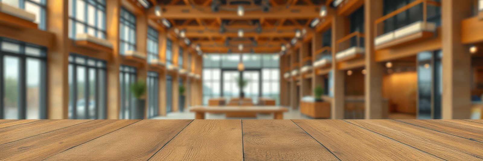 Spacious interior design featuring wooden accents and large windows in a contemporary building with natural light